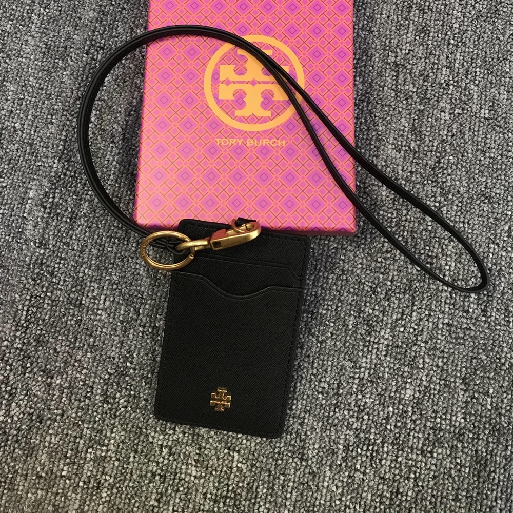Tory Burch Black Leather Card Holder Lanyard with Gold Hardware